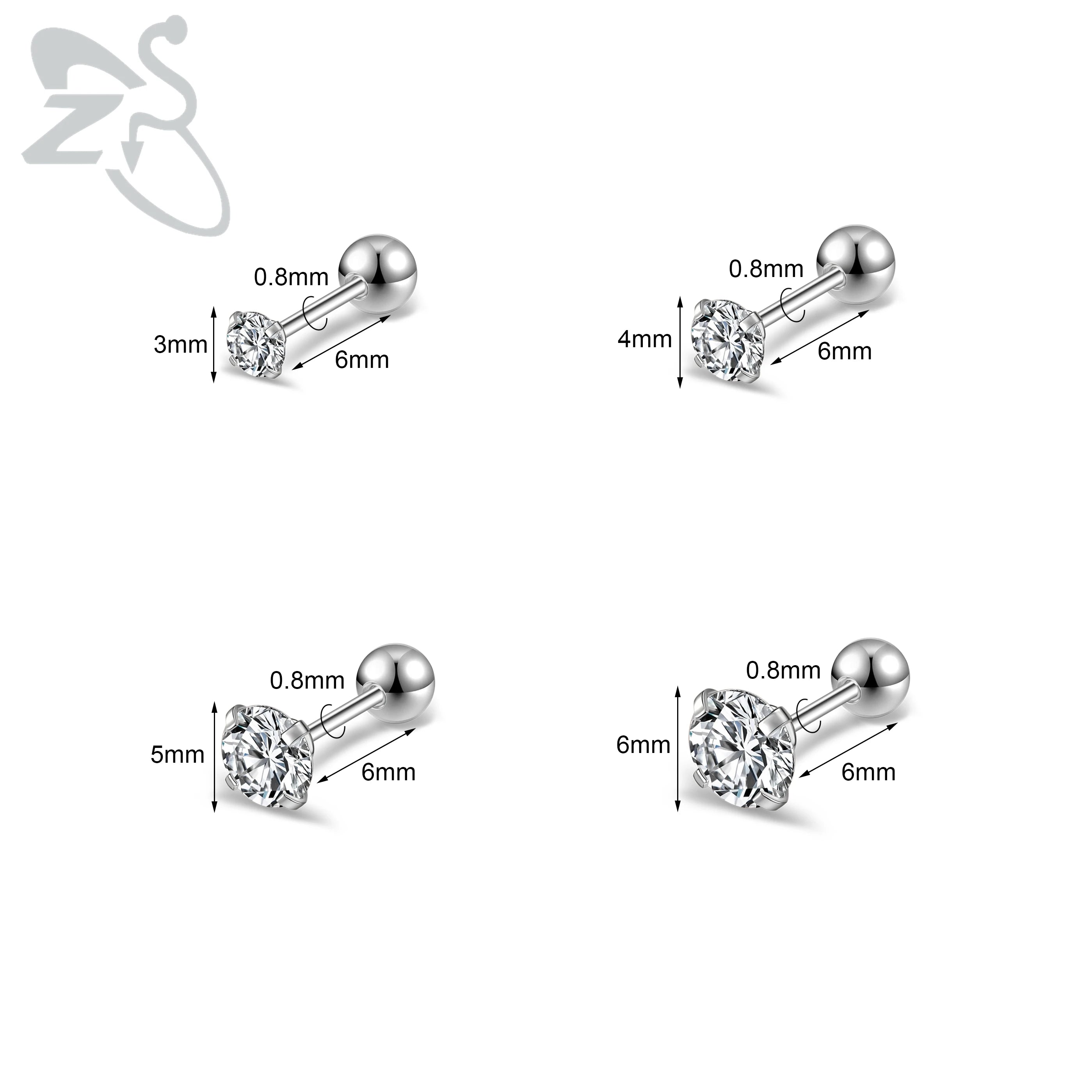 ZS 1 Pair 20G Surgical Steel Stud Earring for Women Crystal Black Rose Gold Plated Earrings Ear Helix Conch Piercing 3/4/5/6mm