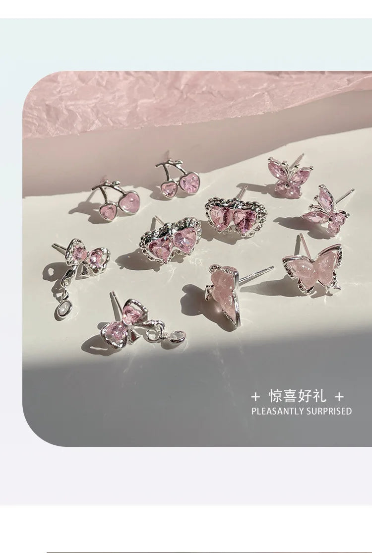 Summer New Shiny Pink Flower Cherry Butterfly Star Pearl Stud Earrings Set for Women Girls One Week Korean Fashion Jewelry Gift