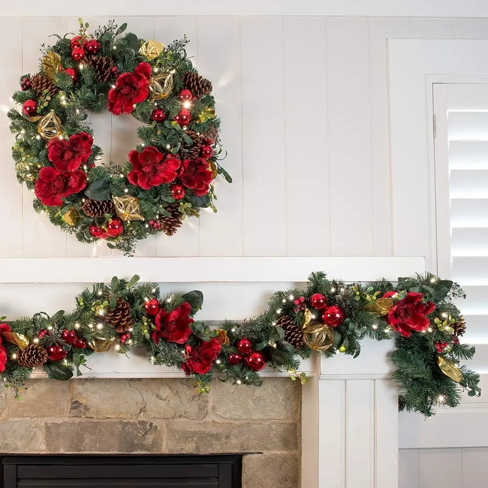 [9 Foot Artificial Christmas Garland] - Red Magnolia Collection - Red and Gold Decoration - Pre Lit with 100 Warm Clear Colored