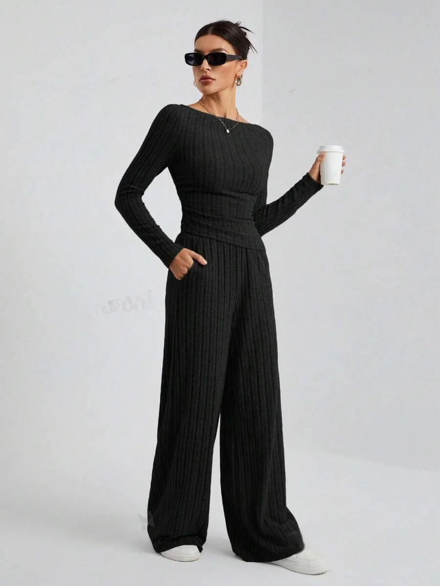 2024 Spring Knitted 2 Piece Sets Women Tracksuit Long Sleeve Vintage Sweater Crop Top Flare Pants Stretch Matching Suit Outfit