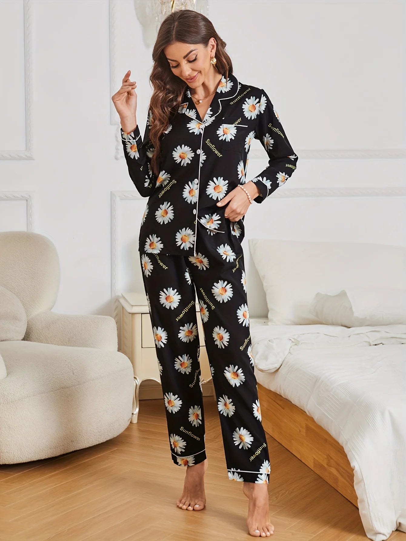 Daisy Print Pajama Set, Casual Long Sleeve Buttons Lapel Top & Elastic Pants, Women's Sleepwear