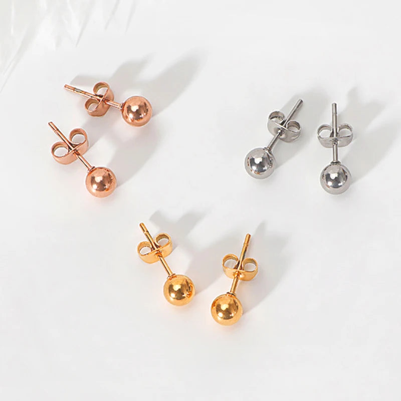 Stainless Steel Round Ball Earrings Rose Gold Silver Color Bead Ear Studs Women Geometric Jewelry Minimalist 3mm 4mm 5mm 6mm