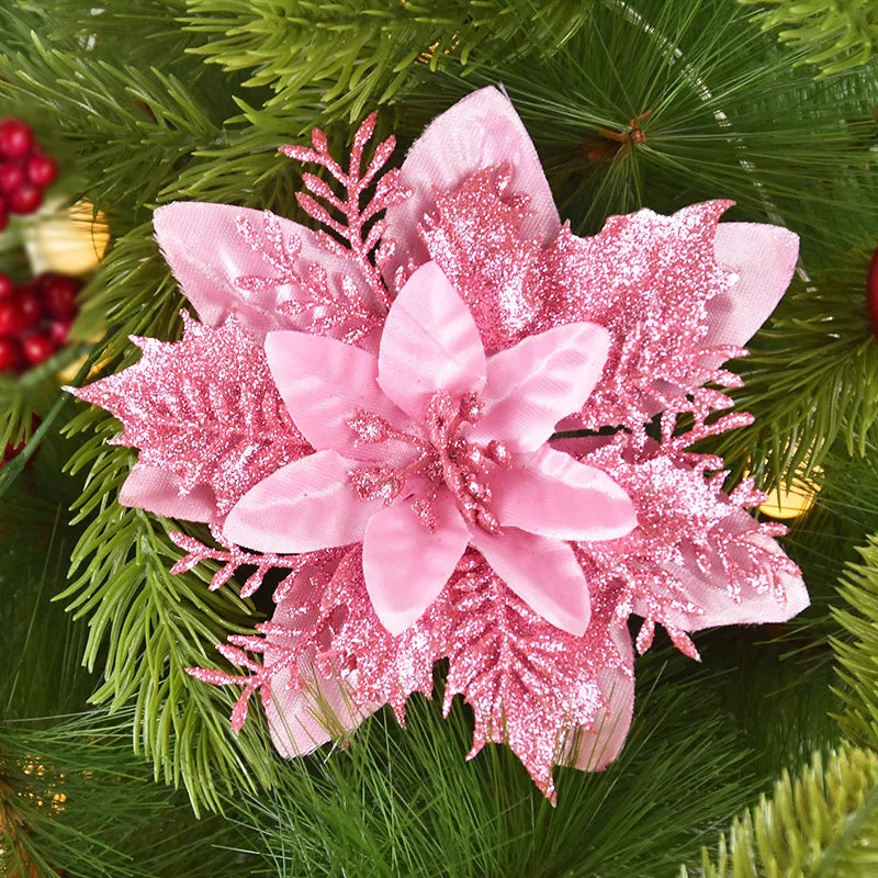 3/10pcs 14cm Christmas Flowers Glitter Red Gold Flower Head Xmas Tree Ornament New Year Decorations for Home Navidad Noel Gifts