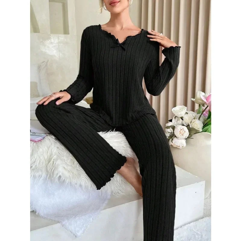 Autumn Winter Sleepwear Ribbed Pajamas Set Women Long Sleeve Top and Long Pants 2 Piece Casual Homewear Loungewear