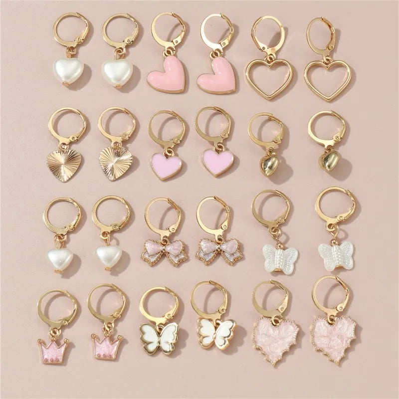 24pcs/set Butterfly Love Heart Hoop Earrings Sets for Women Exquisite Fashion Design Dangle Earrings Shared Jewelry Gifts