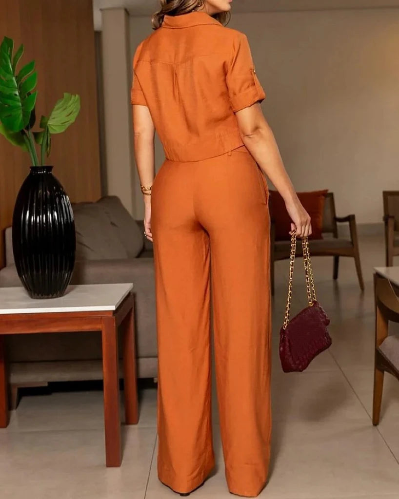 Women's Casual Solid Lapel Button Short Sleeve Top and High Waisted Wide Leg Pants Set, Office Outfits, Summer, New, 2 Pcs Set