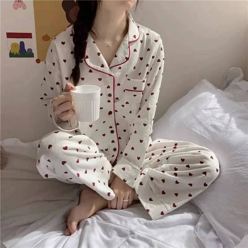 Large Size Sexy Nightwear Women Sleepwear Autumn and Winter Cardigan Home Wear Peach Heart Long Sleeves School Silk Pajamas