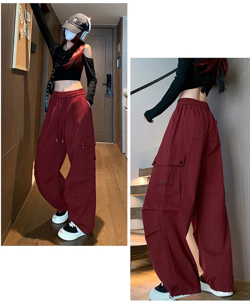 Y2K Cargo Pants Women Harajuku Oversized Sweatpants Black Pockets Wide Leg Joggers Streetwear High Waist Baggy Sports Trousers