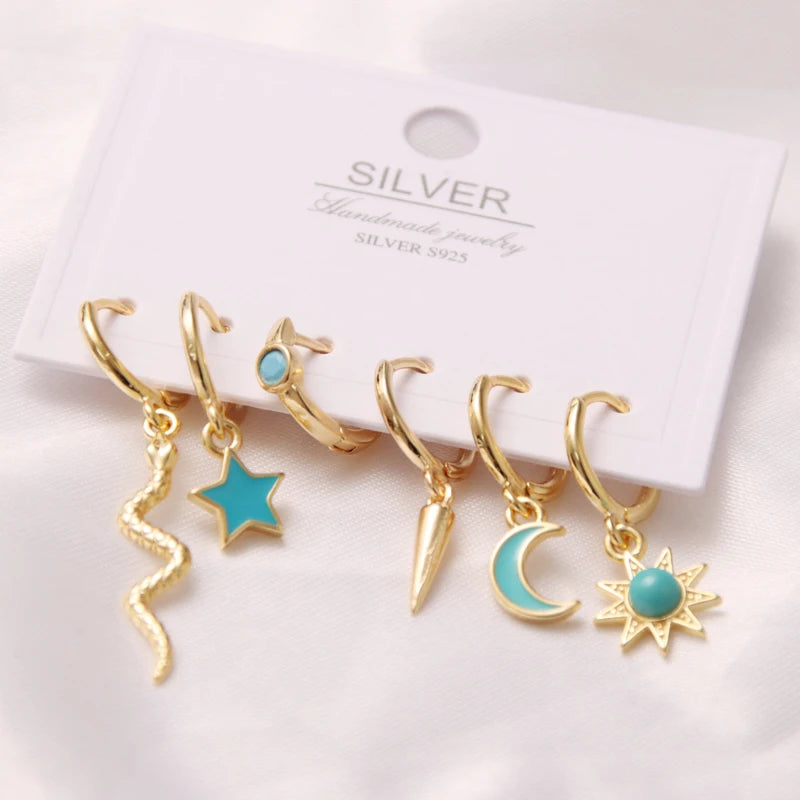 6 Pcs Fashion Exquisite Pearl Star Moon Enamel Zircon Dangle Ear Ring Set Korean Style Small Hoop Earring For Women Jewelry Gift