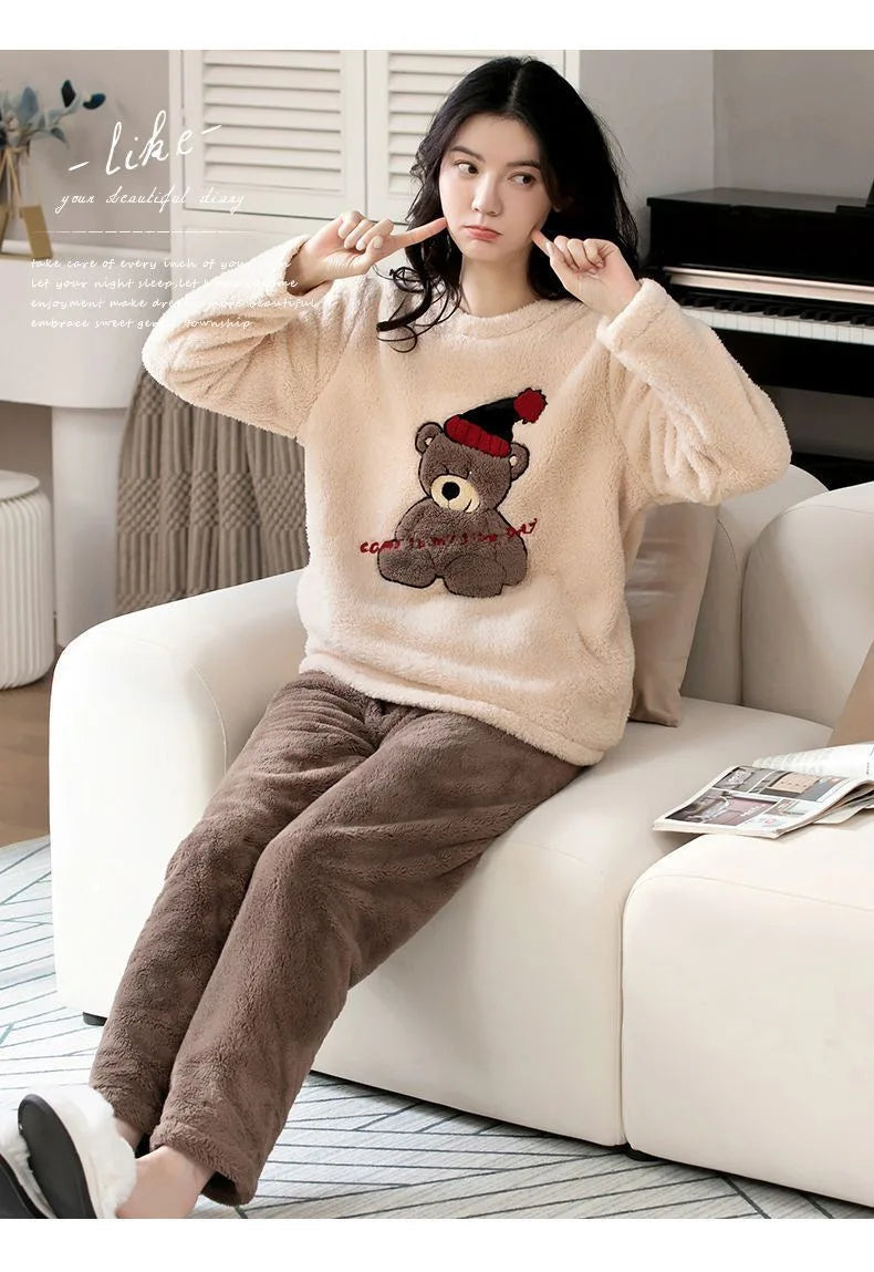 2pcs/Set Large Size Padded Thickened Warm Fall And Winter Women's Pajamas Long-Sleeved Long Pants Set Coral Velvet Cartoon Bear