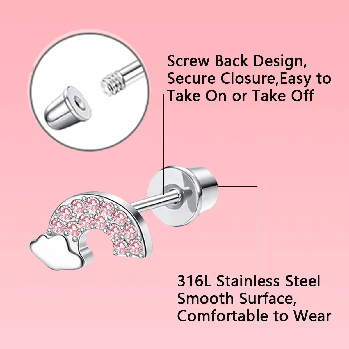 4 pairs of spiral cartilage earrings for women 316L stainless steel pink piercing earrings set, sparkling cubic oxygen zirconium