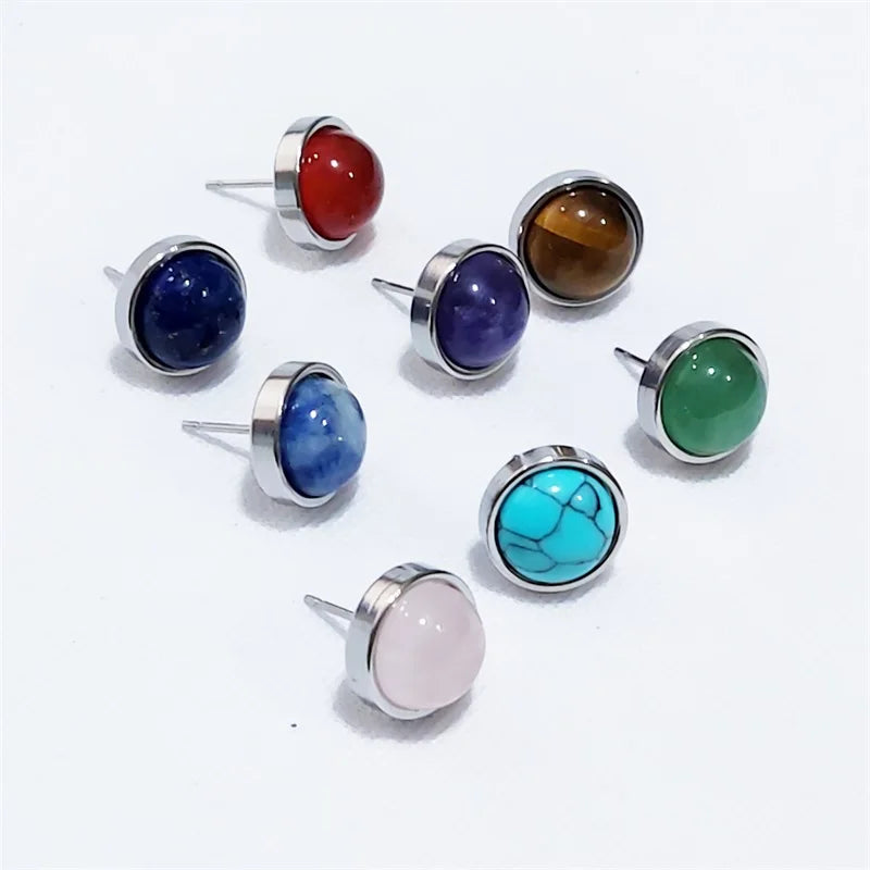 Natural Stone Earrings Healing Crystal Quartzs 10mm Round Beads Steel Stud Fashion Ear Jewelry for Women Girl Wholesale