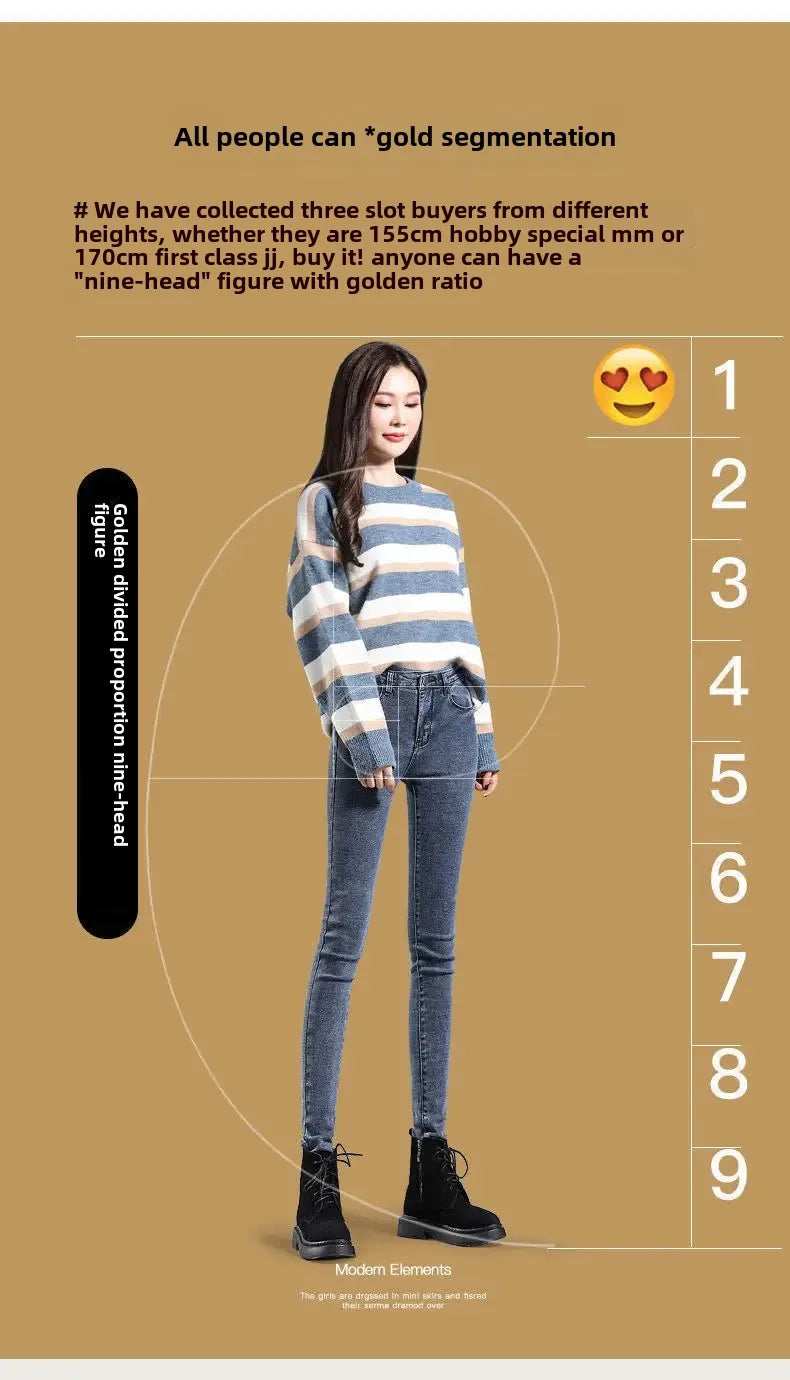 High-Waisted Slimming Stretchy Korean-Style Tight Jeans Women's Fleece-Lined Casual Trousers Warm Long Pants