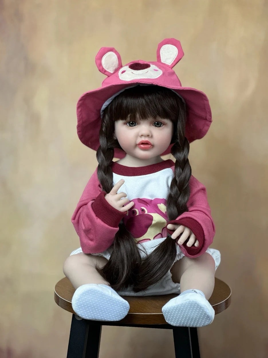 BZDOLL 55cm 22inch Lifelike Reborn Baby Girl Doll Soft Silicone Long Brown Hair Realistic Princess Toddler Bebe Birthday Gift