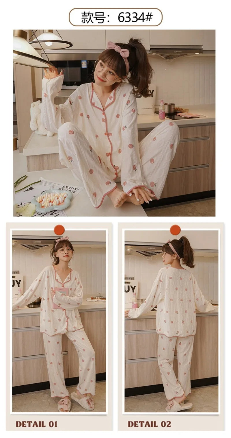 Women's Sweet Ruffle Pajamas Set Long Sleeve Top And Long Pants Sleepwear 2 Piece Set For Women Korean Casual Home Loose Pajamas