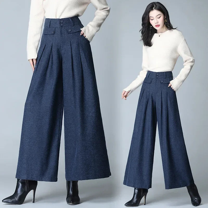 Autumn Winter Woolen Blend Culotte Elegant High Waist Wide Leg Pants Women Baggy Korean Fashion Pantalones Oversize Belt Trouser