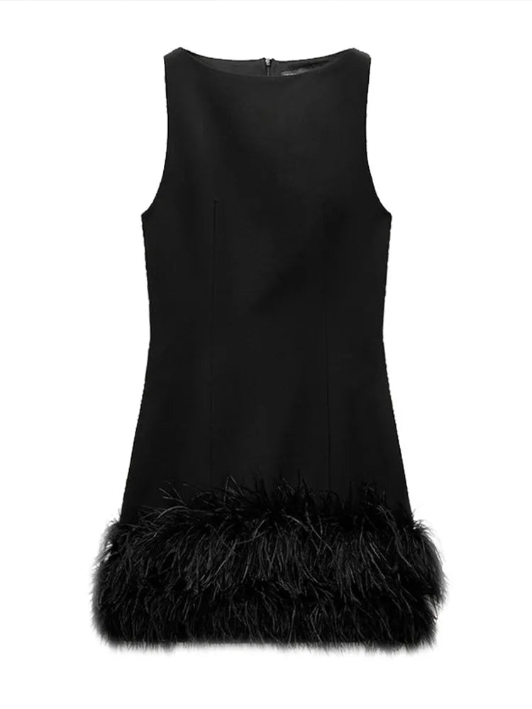 Sleeveless Feather Short Dress Black Women Socialite Party Evening Gown Round Neck Slim Fit Plush Ladies Fashion Slimming Dress