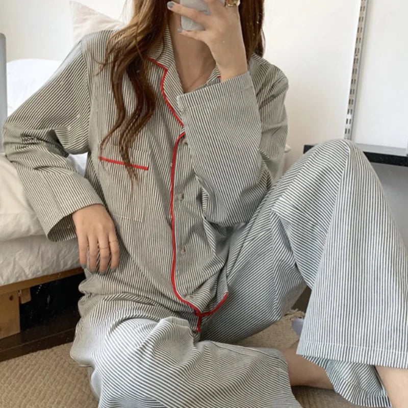 Korean Fashion Striped Leisure Wear Pajama 2 Piece Set Women Nightgown Cosplay Sexy Pajama 2024 New Autumn Winter Pajama Sets