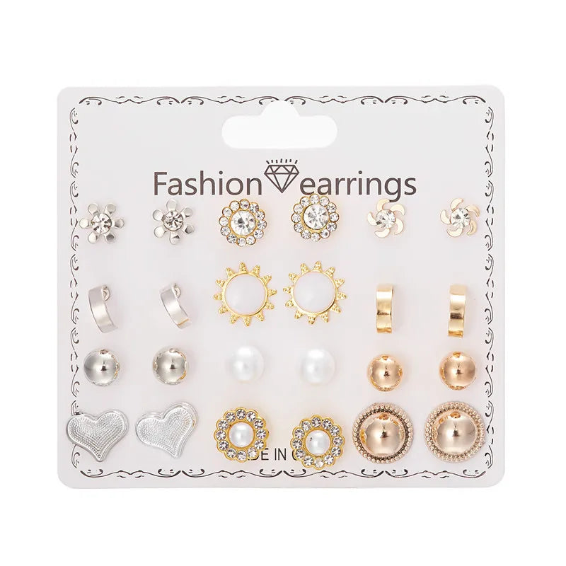 12 Pairs/Set Imitation Pearl Sun Star Flower Bow Heart Zircon Combination Paper Card Stud Earrings Set Fashion Geometric Earring