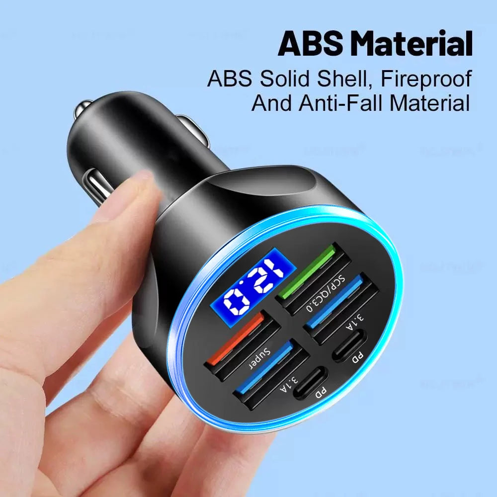 250W PD Car Charger QC3.0 Fast Charge One to Six Car Cigarette Lighter Plug 5 Port Car Charger Flash Charge with Digital Display