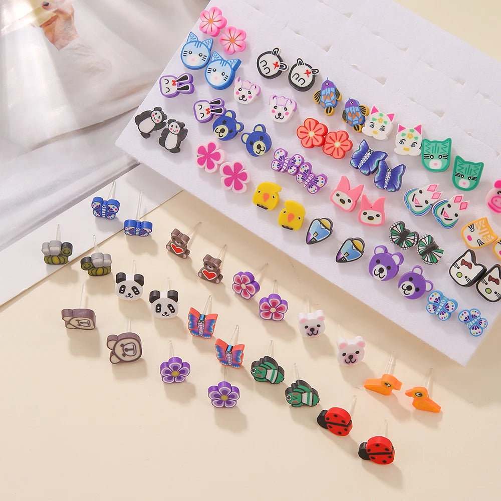 36Pair/lot Multi-style Colorful Cartoon Fruit Animal Geometric Stud Earrings Set For Women Girls Cute Children Ear Jewelry Gifts