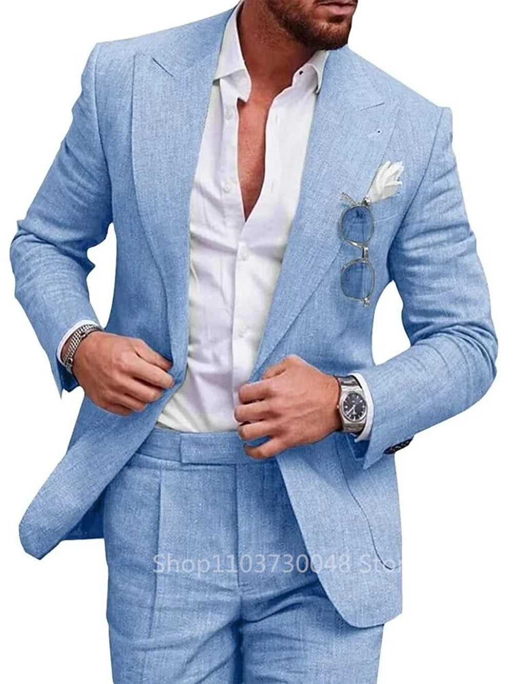 Light Blue/Beige Linen Wedding Men Suit Casual Single Breasted Slim Fit Blazer Pants High Quality Summer 2 Piece Costume Homme