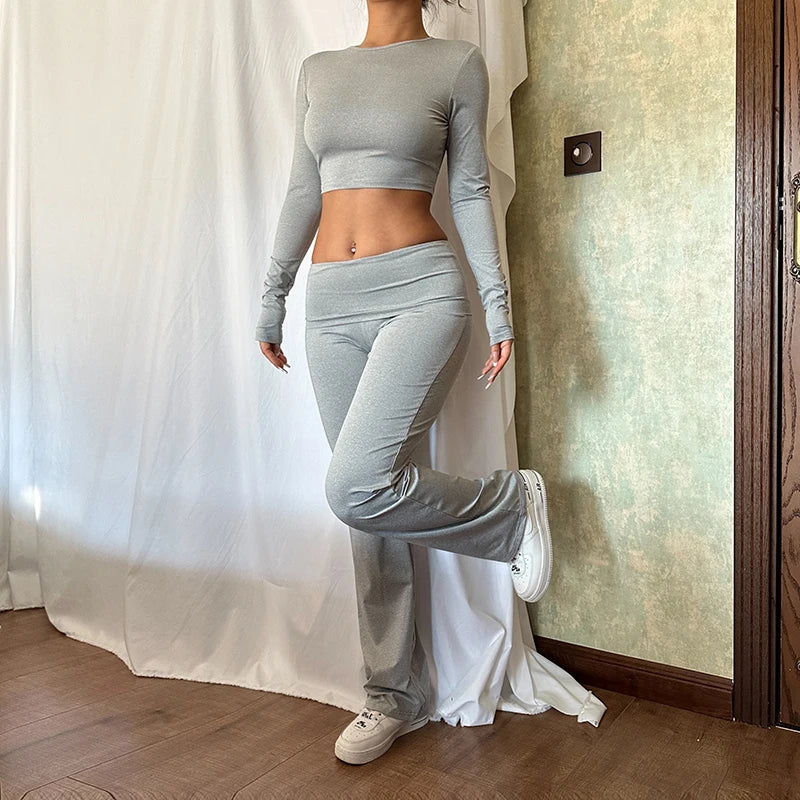 BIIKPIIK Yoga Casual Two Piece Set Concise Sporty Pants Suit For Women Fitness Long Sleeve Crop Top + Turndown Waist Pants Trend