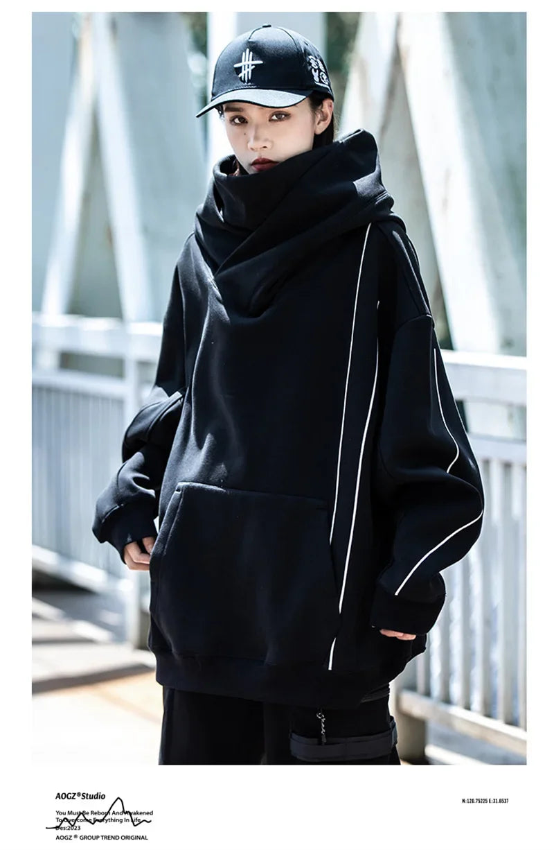 Autumn Windbreaker Turtleneck Hooded Sweatshirts For Men New Ninja Oversized Hoodies Women Line Print Y2K Streetwear Hoodie