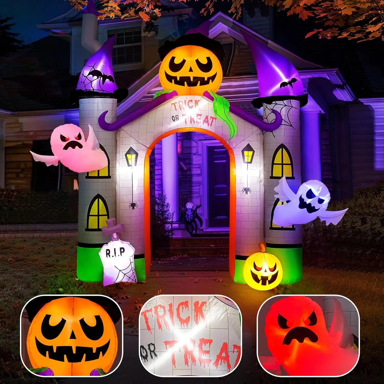 11FT Giant Halloween Inflatables Pumpkin Castle Archway with Ghost and Trick or Treat LED Lights 2024 Outdoor Blow up Haunted Ho