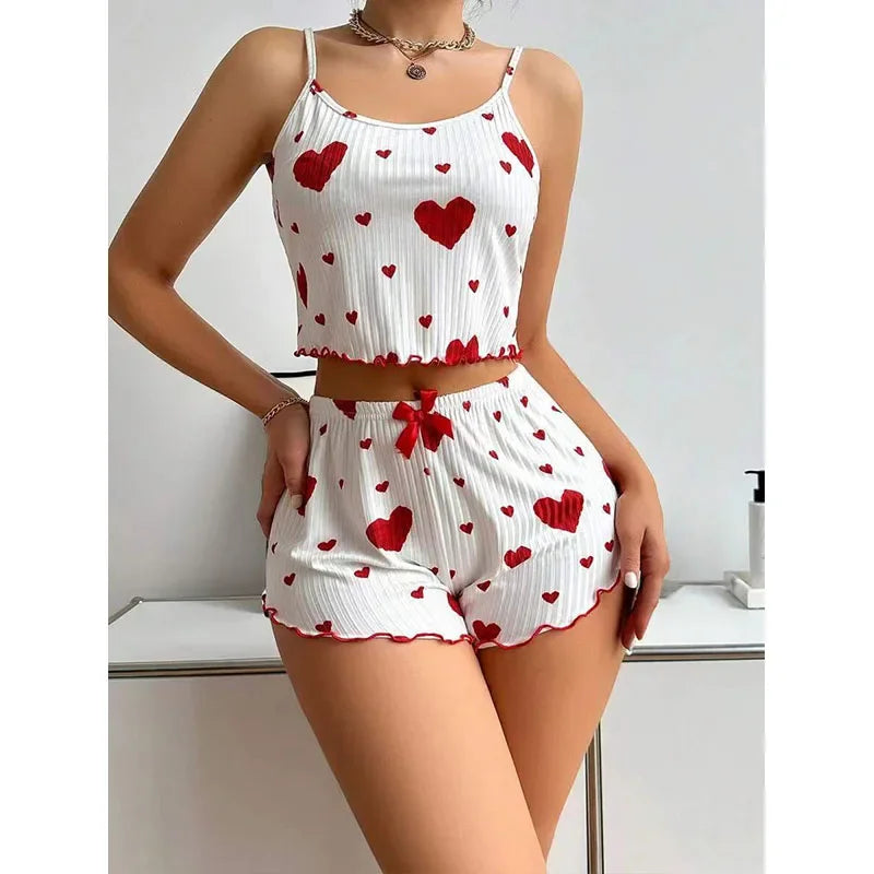 Women's Pajamas Set Sleepwear 2 PCS Short Tank Tops And Shorts S M L White Ventilate Soft Casual Love Printing