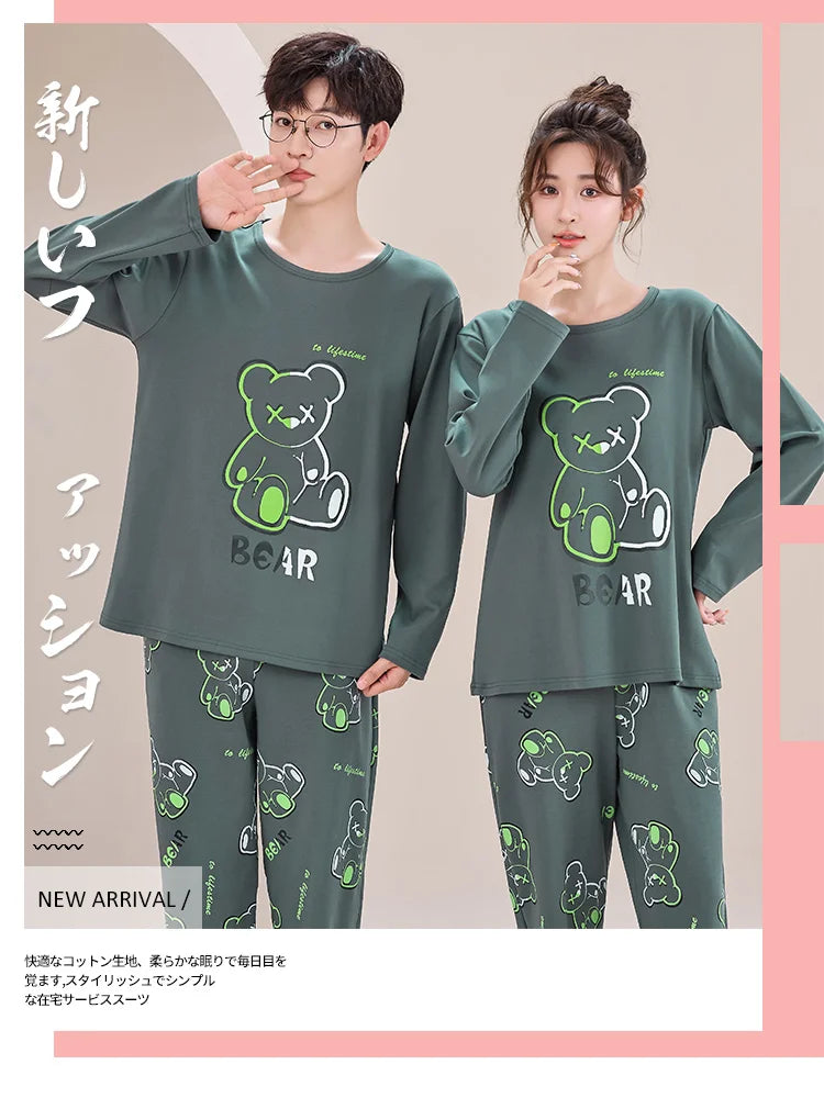 Big Size M-4XL Couple Pajamas Set Cute Cartoon Knited Cotton Sleepwear Women and Men Long Sleeve Pijamas Mujer