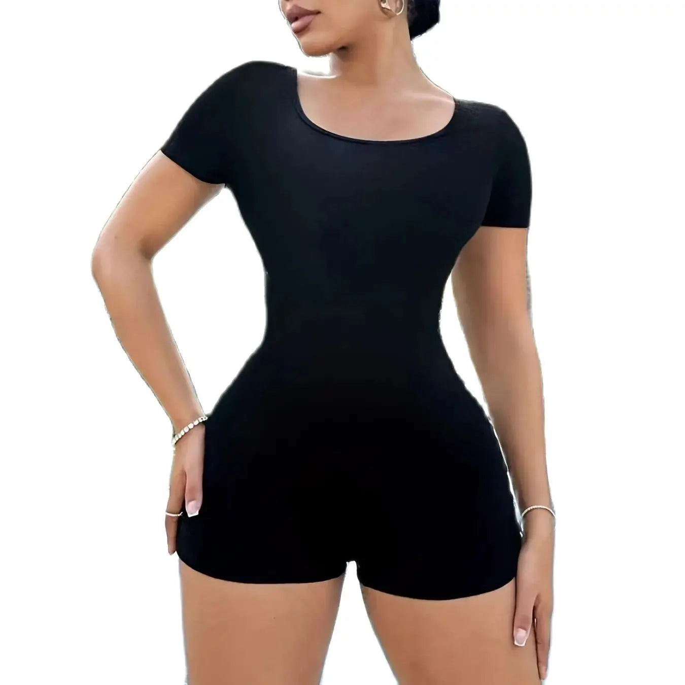 Women's Summer New Black Fashionable Round Neck Short Sleeved Strapless One-Piece Shorts High Stretch  Jumpsuit