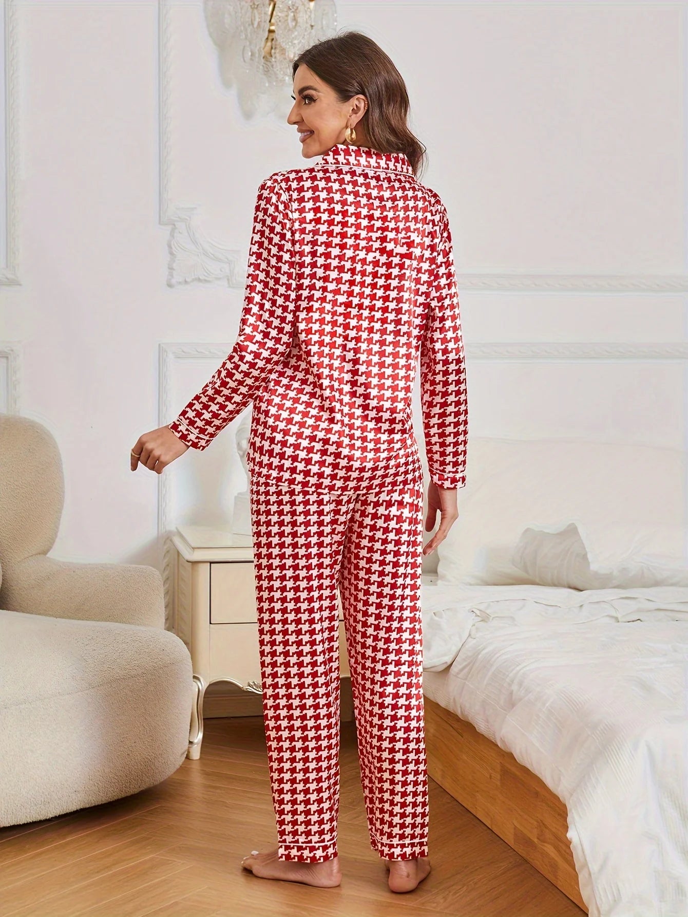 Luxurious Houndstooth Satin Pajama Set - Elegant Long Sleeve Buttons Lapel Top, Stretchy Elastic Pants, Exquisitely Designed for