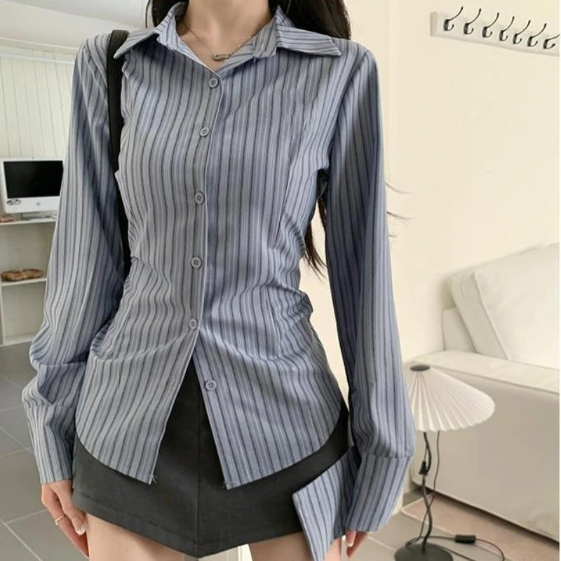 New Spring Autumn All Match Korean High Street Shirt Fashion Embroidery Vertical Stripes Blouses Y2k Harajuku Preppy Style Cloth