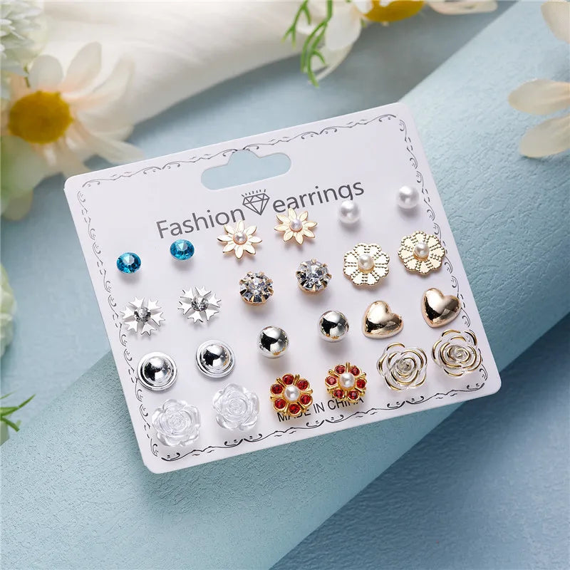 12 Pairs/Set Imitation Pearl Sun Star Flower Bow Heart Zircon Combination Paper Card Stud Earrings Set Fashion Geometric Earring