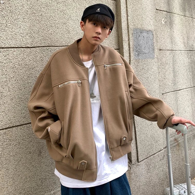 Brown Zipper Woolen Jacket Men's Light Luxury High Street Baseball Uniform Coat 2023 Autumn Winter Oversize Punk O-neck Jacket