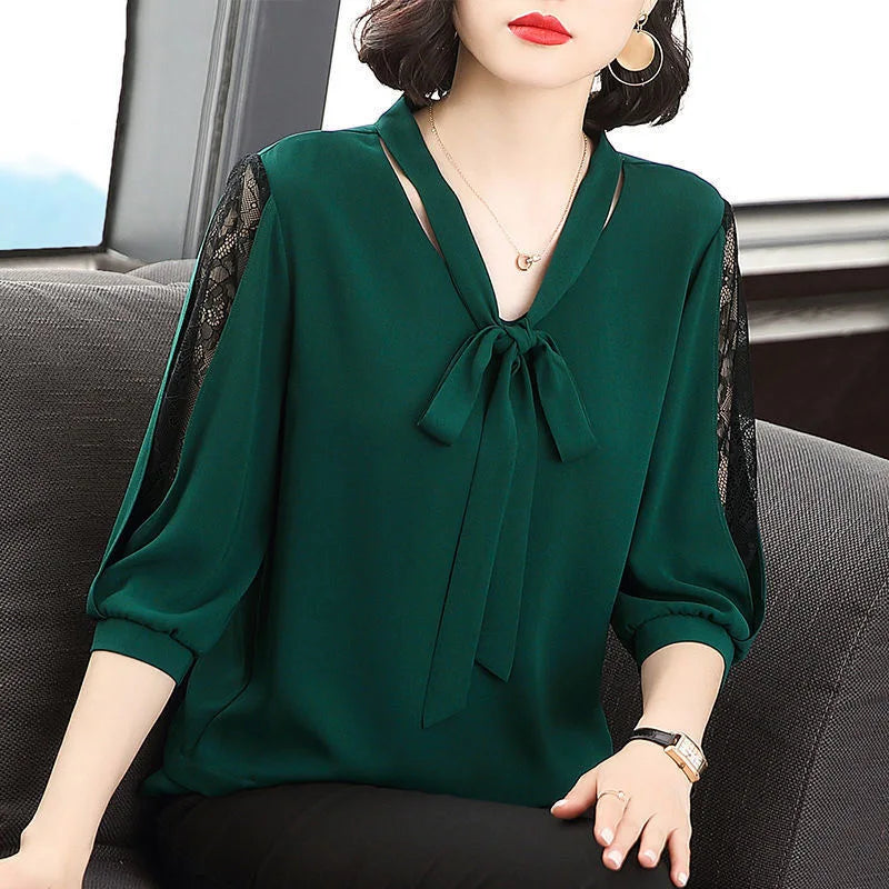 Women Spring Summer Style Blouses Tops Lady Casual Bow Tie Colloar Half Lace Sleeve Loose Blusas Tops DF4275