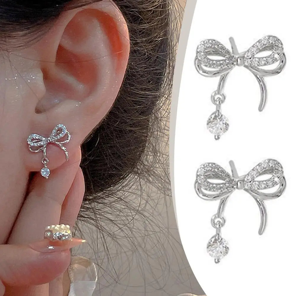 Rhinestone Bowknot Stud Earrings Fashion Silver Color Korean Drop Earrings Bow Ear Bow Style Rhinestone Ribbon Studs Jewelr L1E7