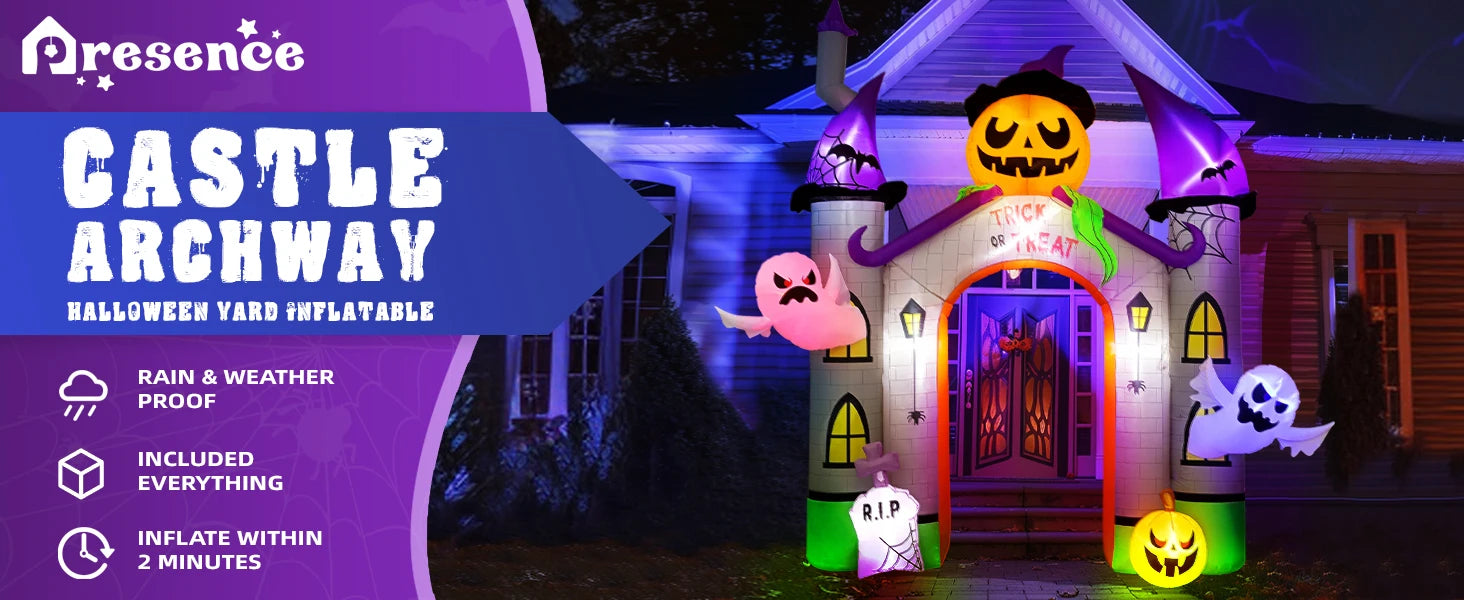 11FT Giant Halloween Inflatables Pumpkin Castle Archway with Ghost and Trick or Treat LED Lights 2024 Outdoor Blow up Haunted Ho