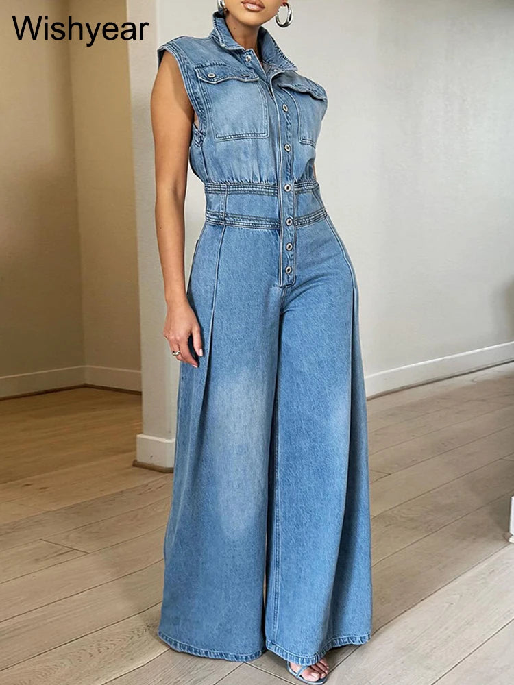 Vintage Loose Denim Wide Leg Pants Jumpsuit Women Pocket Sleeveless Single Breasted Baggy Jean One Piece Rompers Street Overalls