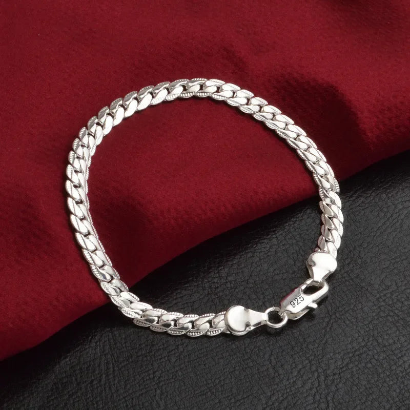 925 Sterling Silver Bracelet 6mm 18/20cm Flat Side Chain Lobster Clasp Bracelet for Woman Man Wedding Engagement Jewelry