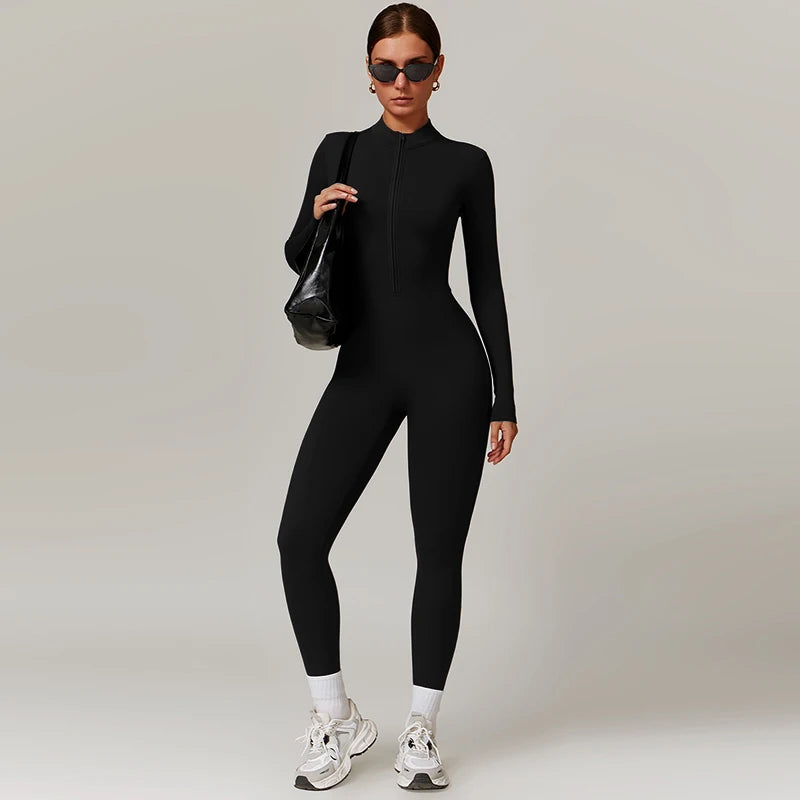 Warm Plush Sports Jumpsuits Women's Tracksuit One-Piece Fitness Suit Winter Gym Sets Long Sleeves Black Exercise Bodysuit Woman