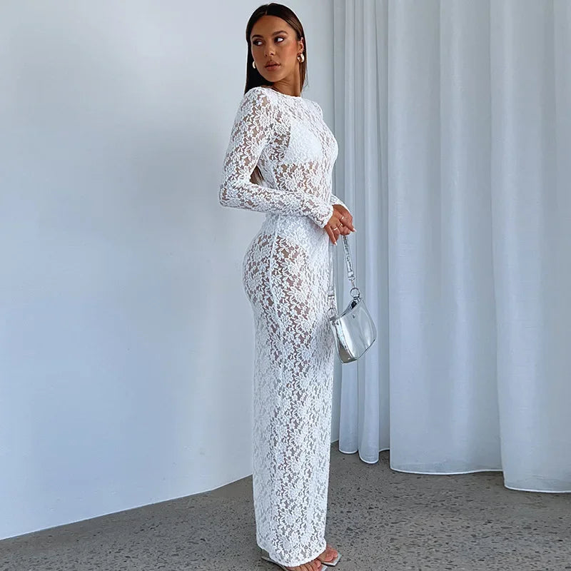 See Through Lace Maxi Bodycon Dress Women Sexy Long Sleeve Hollow Party Club Dresses Black White Streetwewar Female Outfits