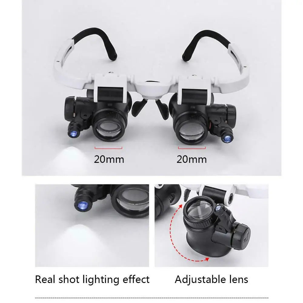 2XLED Watch Jeweler Repair Magnifier Head-Mounted Headband Adjustable Magnifying Head Eye Glasses Loupe Lens 8X 15X 23X