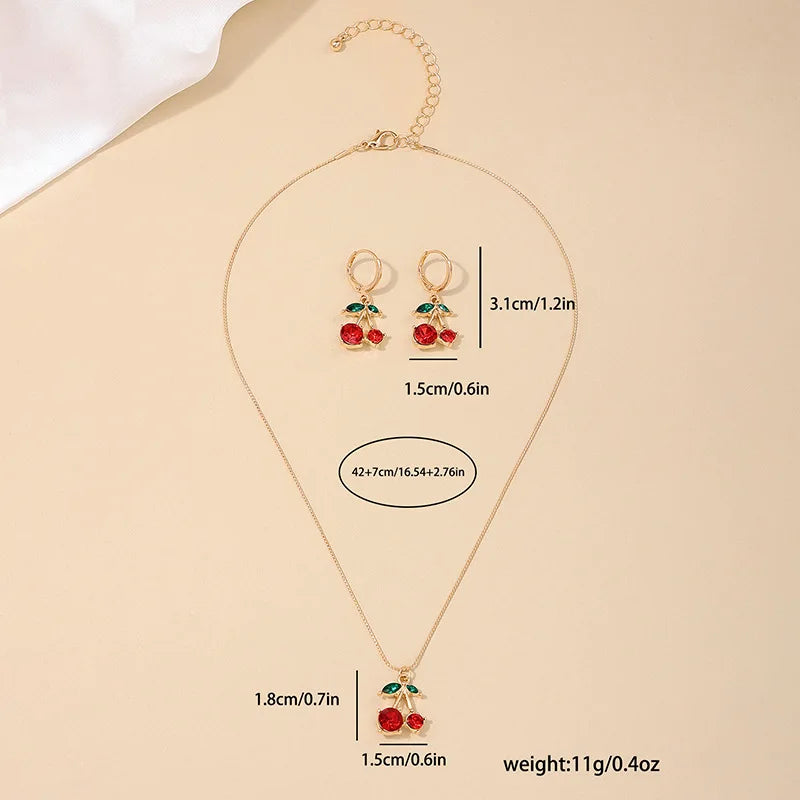 Summer Sweetness Cute Metal Delicacy Red Cherry Pendant Necklace Set for Women  Wedding Party Jewelry Sets Birthday Gift