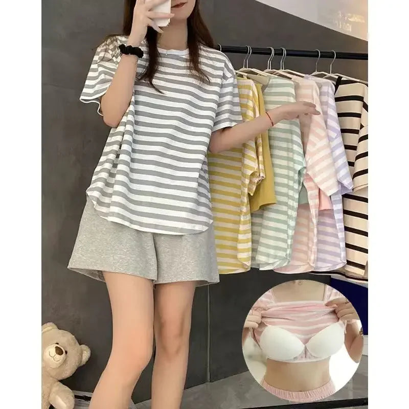 Women‘s Summer Two Pieces Sets Pajamas O-Neck Short Sleeve Shorts Pant Homewear with Chest Pad Striped Cute Sleepwear Loungewear