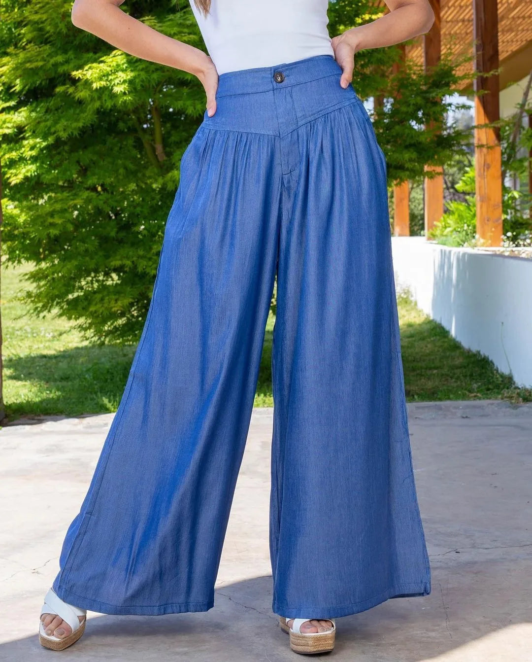 Women Denim Loose Wide Leg Pants Casual Female High Waist Button Flare Full Jeans OUFY-001