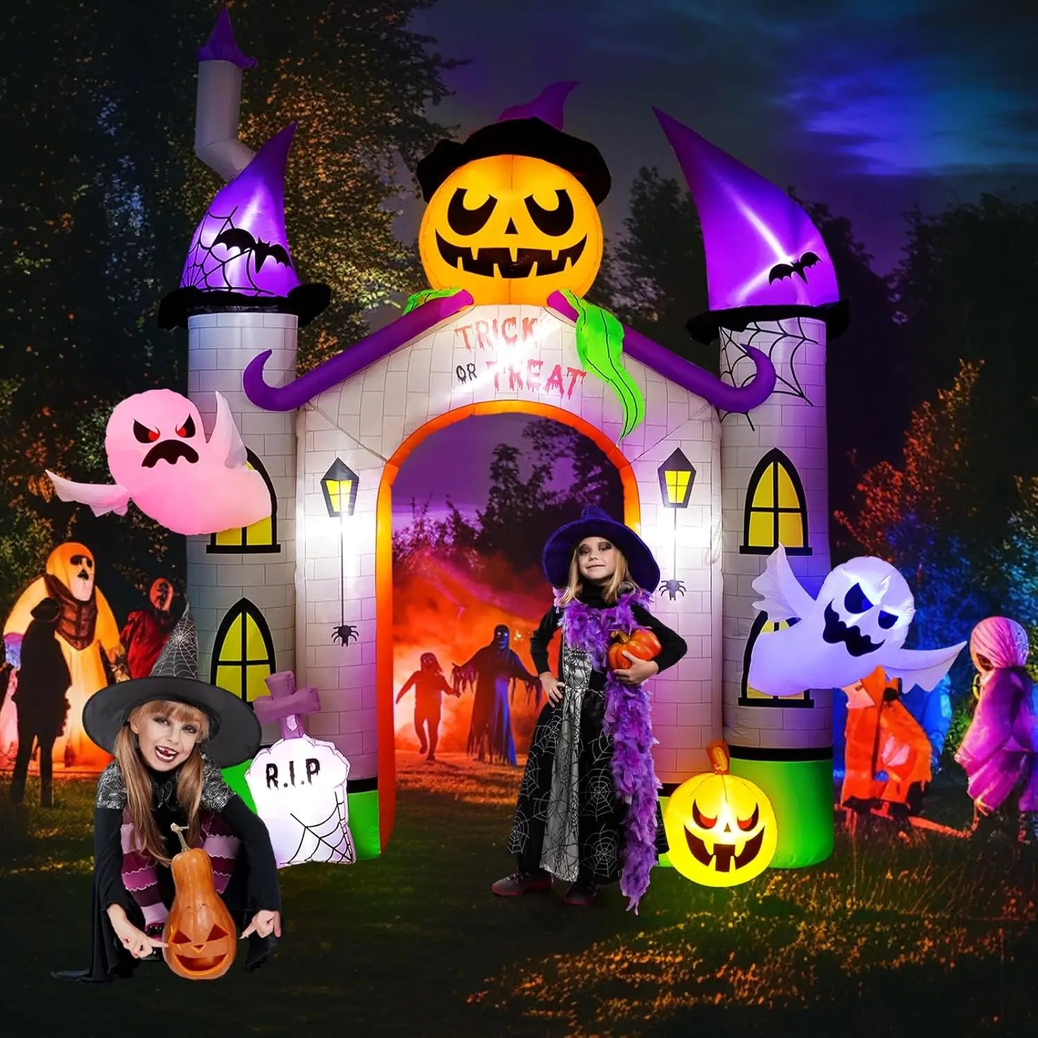 11FT Giant Halloween Inflatables Pumpkin Castle Archway with Ghost and Trick or Treat LED Lights 2024 Outdoor Blow up Haunted Ho