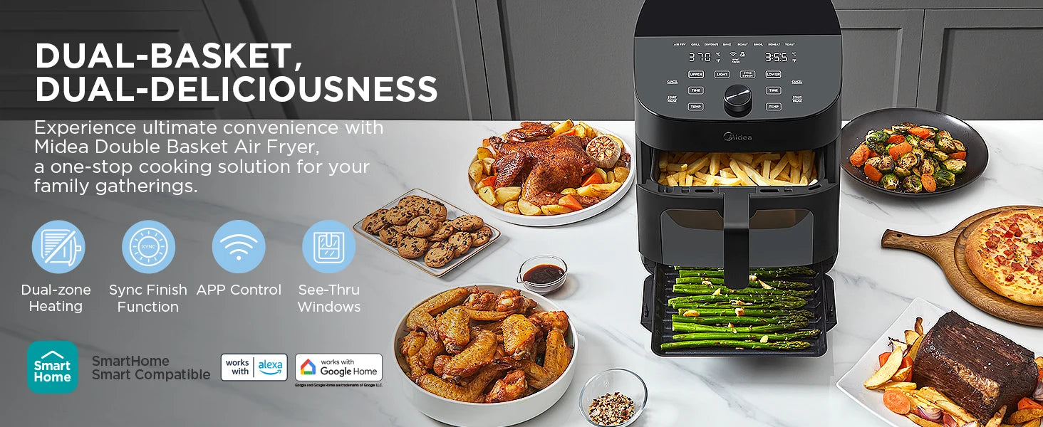 Midea Dual Basket Air Fryer Oven 11 Quart 8 in 1 Functions Clear Window Smart Sync Finish Works with Alexa Wi-Fi Connectivity