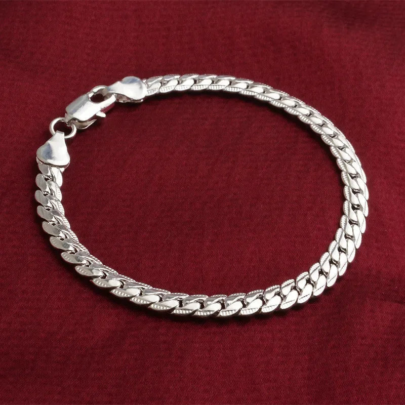 925 Sterling Silver Bracelet 6mm 18/20cm Flat Side Chain Lobster Clasp Bracelet for Woman Man Wedding Engagement Jewelry